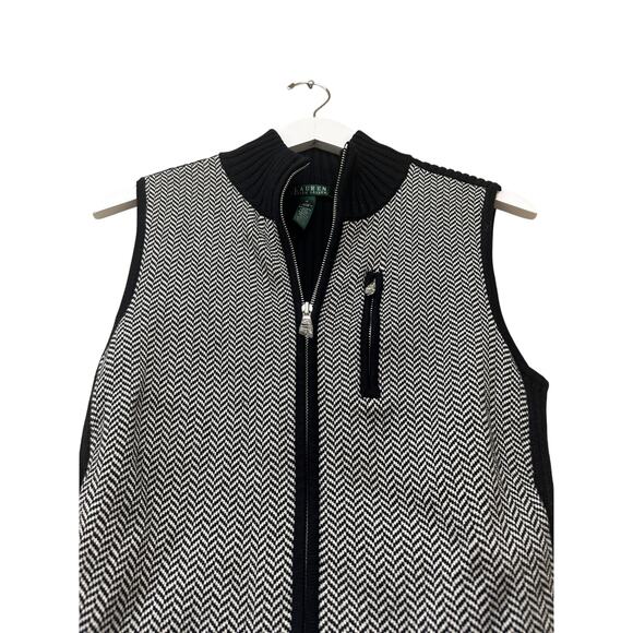 NWOT Lauren Ralph Lauren Black White Herringbone Size Medium Fall Vest Layering - Picture 2 of 11